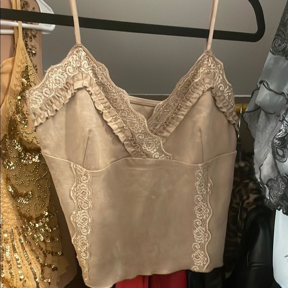 Y2K Elegant Lace Trim suede Tan Women's Top - Picture 1 of 1